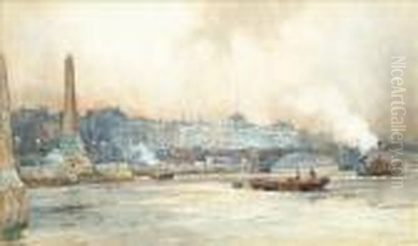 'the Thamesembankment: Cleopatra's Needle, Somerset House And Waterloo Bridge Oil Painting by Charles Edward Dixon