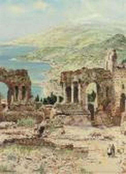 Ruins Of The Theatre At Taormina Oil Painting by Charles Edward Dixon