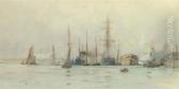 Hulks And Other Shipping Moored At A Wharf Oil Painting by Charles Edward Dixon