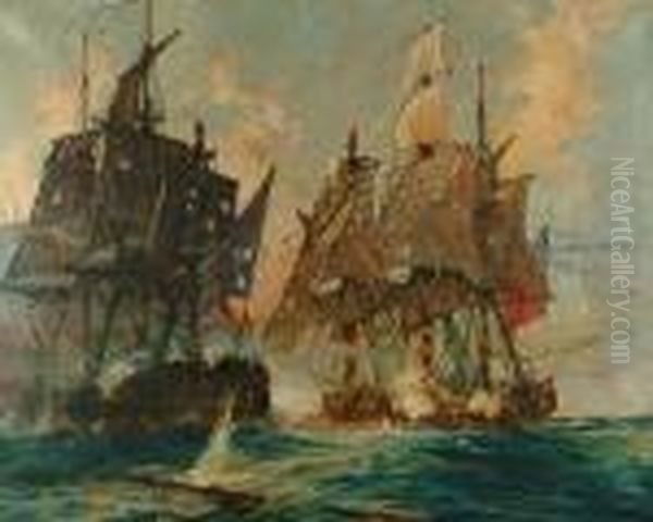 The Naval Action Between The 'bellpoule' And H.m.s. 'arethusa' Oil Painting by Charles Edward Dixon