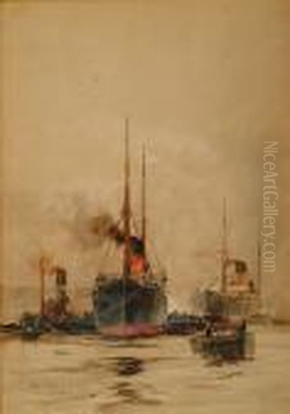 Ships, A Tug And Other Vessels In A River Oil Painting by Charles Edward Dixon