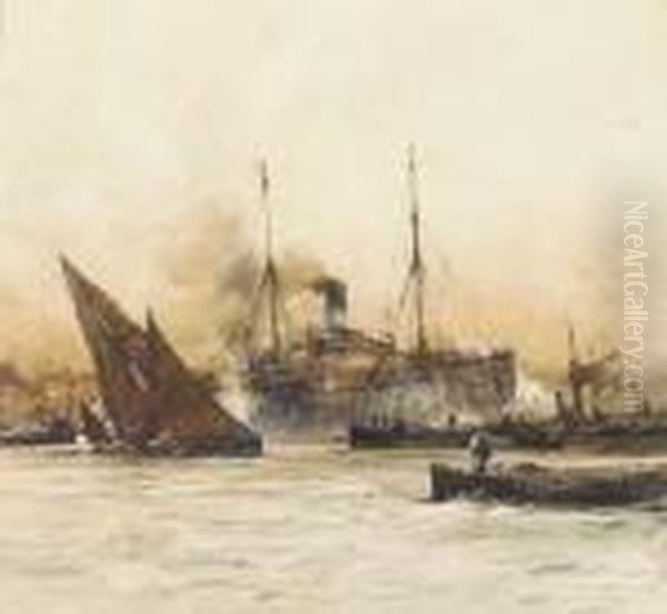 A Steam Boat With Barges In The Foreground Oil Painting by Charles Edward Dixon