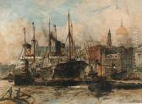 The Pool Of London: Shipping Off Fresh Wharf And Billingsgate Oil Painting by Charles Edward Dixon