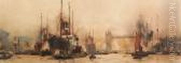 The Pool Of London, Tower Bridge With St. Paul's Beyond Oil Painting by Charles Edward Dixon