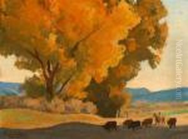 Cowboy On Horseback With Cattle In Landscape S Oil Painting by Maynard Dixon