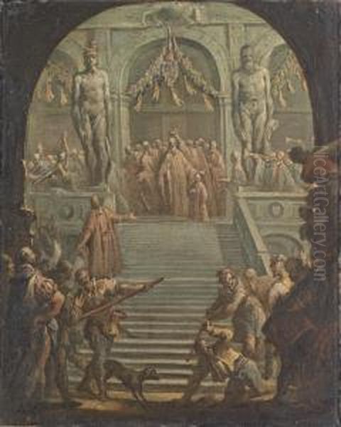 A View Of The Scala Dei Giganti 
In The Ducal Palace, Venice, Seen Through The Porta Della Carta, With 
The Senators Crowning A New Doge - A Bozzetto Oil Painting by Gaspare Diziani