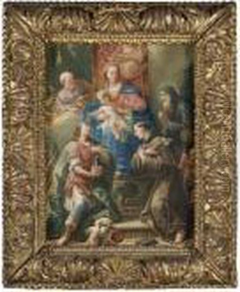 The Madonna And Child Enthroned 
With Saints Joseph, Anthony Of Padua, Francis Of Paola, And A Young 
Martyr Warrior Saint, Possibly Saint Florian, Holding A Model Of A Town Oil Painting by Gaspare Diziani