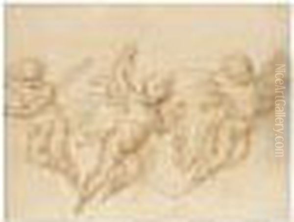 Design For A Spandrel With Three Putti Bearing Garlands Oil Painting by Gaspare Diziani