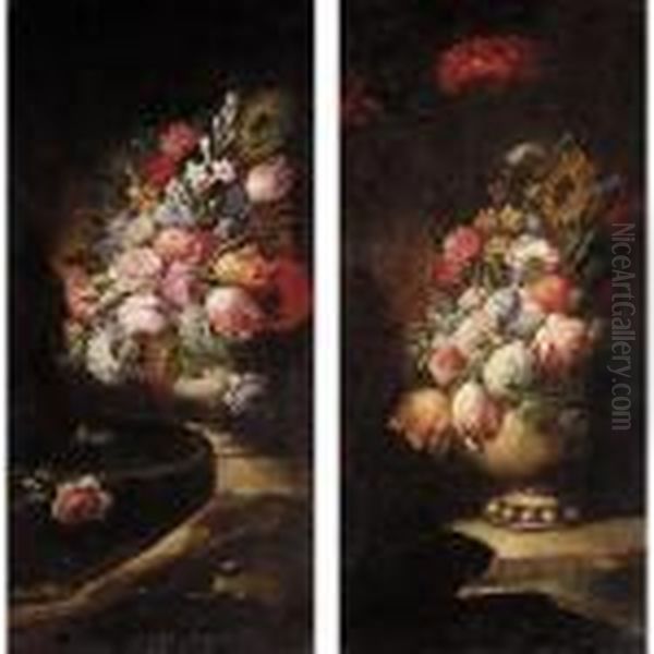 Still Lifes Of Various Flowers In Vases Resting On Flat Stones Oil Painting by Gaspare Diziani