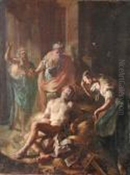 Gaspare Diziani , Cerchia Di. 
Soggetto Biblico. Interessante Dipinto Ad Olio Su Tela. Leggeri Difetti.
 Cm. 74x56 Oil Painting by Gaspare Diziani