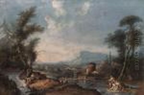 A Classical Landscape With A 
Fisherman, A Washerwoman, A Mother Andchild And Other Figures By A 
River, A Waterfall Beyond; And Aclassical Landscape With Diana And Two 
Nymphs On An Island, A Childwith A Goat And A Woman Washing At A 
Waterfall Oil Painting by Gaspare Diziani