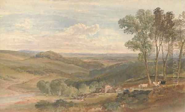 View over a farmstead, a rolling valley beyond Oil Painting by William Leighton Leitch