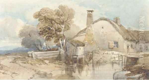 A cottage by a stream Oil Painting by William Leighton Leitch