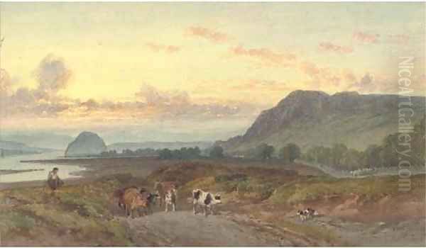 A drover with his cattle by the Clyde, Dumbarton Rock beyond Oil Painting by William Leighton Leitch