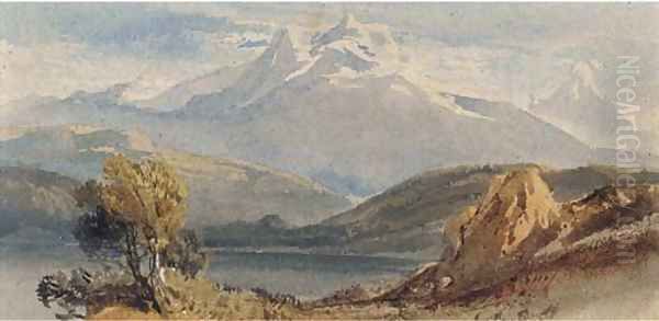 A lake before snow-capped mountains Oil Painting by William Leighton Leitch