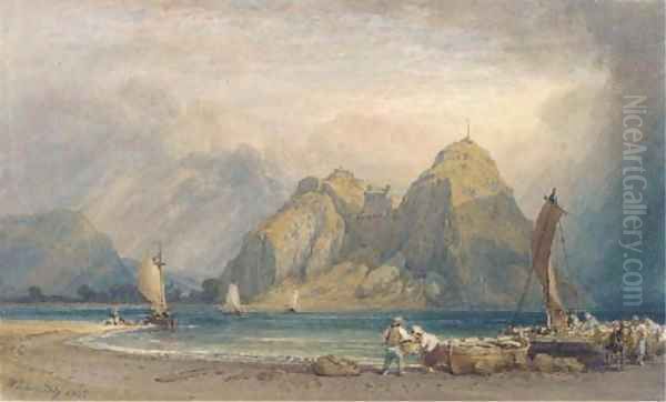 Fishermen on the beach before Dumbarton Rock Oil Painting by William Leighton Leitch