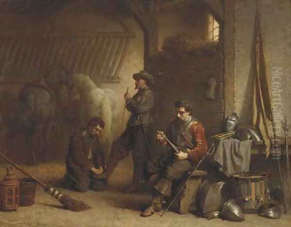 Avant le depart soldiers preparing for departure Oil Painting by Lambertus Lingeman