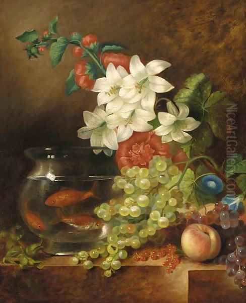 Grapes, lilies, hollyhocks, convolvulus, cobnuts, redcurrants, a peach and goldfish in a bowl, on a marble ledge Oil Painting by George Lance