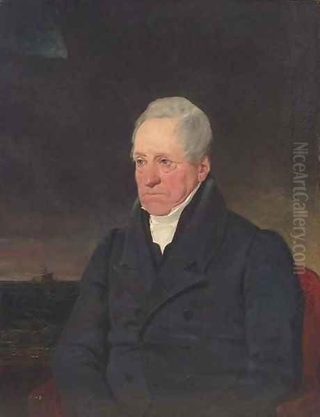 Portrait of William Curling Esq., seated half-length, in a black coat, with a seascape and ship beyond Oil Painting by George Lance