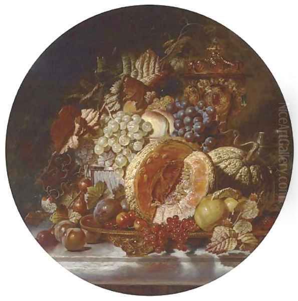 Grapes, cherries, plums, gooseberries and melons on a silver platter with a bejewelled cup and cover on a ledge Oil Painting by George Lance