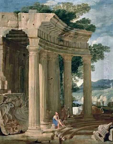 Landscape with ruins and a shepherd Oil Painting by Jean Lemaire