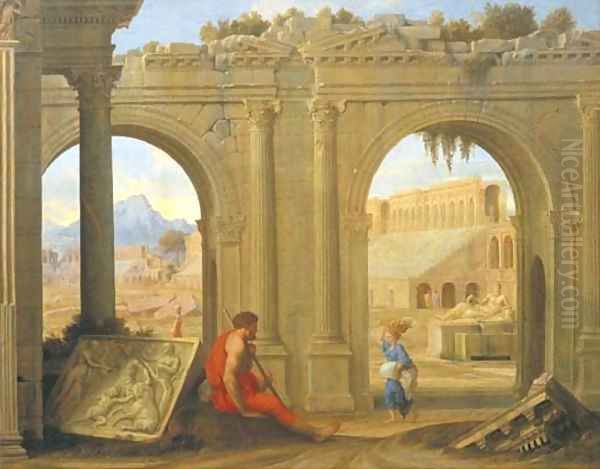 Figures amongst classical architectural ruins Oil Painting by Jean Lemaire