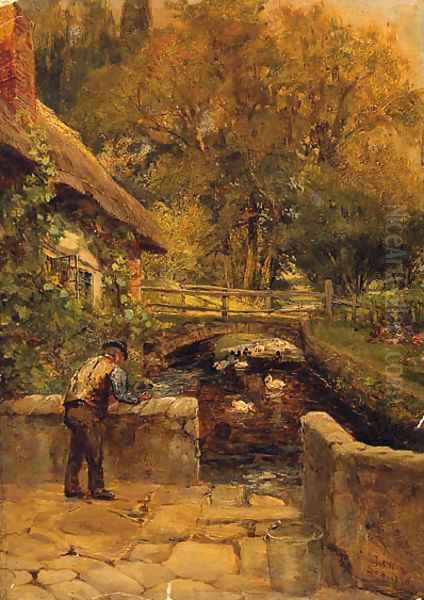 Ducks On A Stream By A Cottage In A Wooded Landscape Oil Painting by Charles James Lewis