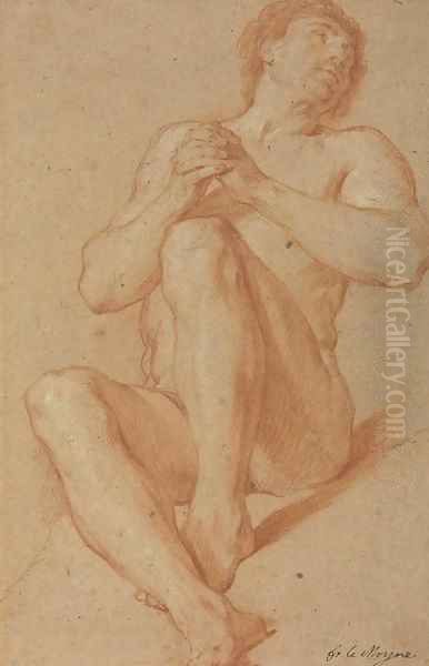 A seated academic nude with his hands clasped Oil Painting by Francois Lemoine (see Lemoyne)