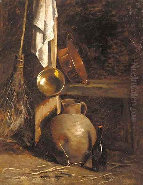 An earthenware jug, a bottle, copper pans and a broom in the corner of a barn Oil Painting by Henri Adolphe Laissement