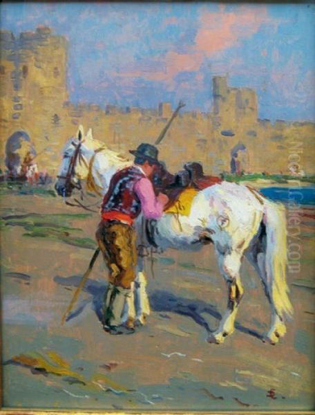 Gardian Pret A Monter A Cheval Oil Painting by Edouard Doigneau