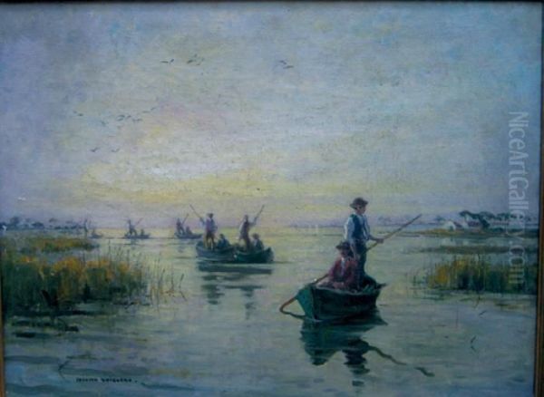 Coucher De Soleil Sur Les Barques Camarguaises Oil Painting by Edouard Doigneau