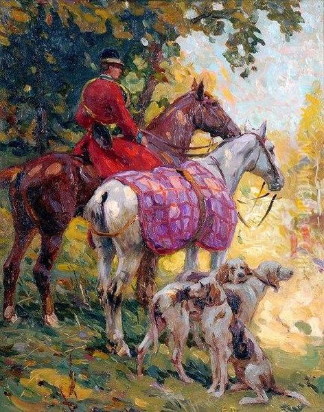 French Huntsman On Horseback, 
With Hunting Horn Over Shoulder And Three Dogs To The Foreground Oil Painting by Edouard Doigneau