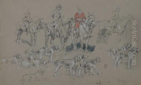 A Pair Of Drawings Depicting Hunting Scenes Oil Painting by Edouard Doigneau