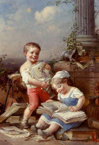 Soap Bubbles And Reading About Fashion (Pic 1) Oil Painting by Francois Louis Lanfant de Metz