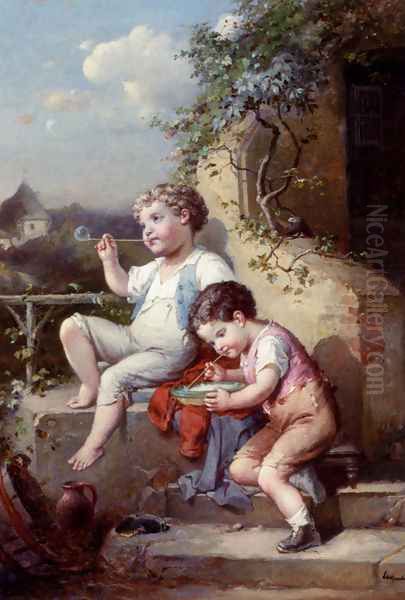 Soap Bubbles And Reading About Fashion (Pic 2) Oil Painting by Francois Louis Lanfant de Metz