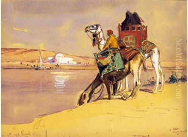 Caravane S'abreuvant Sur Les Bords Du Nil Oil Painting by Edouard Doigneau