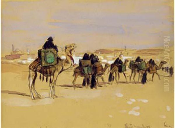 La Caravane Devant Le Tombeau Des Mamelouks, Le Caire Oil Painting by Edouard Doigneau