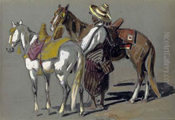 Deux Chevaux Et Un Cavalier Oil Painting by Edouard Doigneau