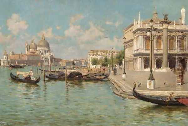 Gondoliers by St Mark's Square with Santa Maria della Salute beyond Oil Painting by Augusto Lovatti