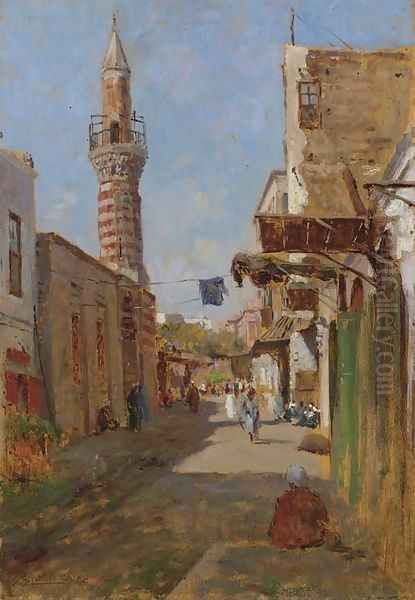 A Section of the main Street of the Fatimid area of al-Qahira (the heart of historic Cairo) with the Mosque of al-Fakahani Oil Painting by Augusto Lovatti