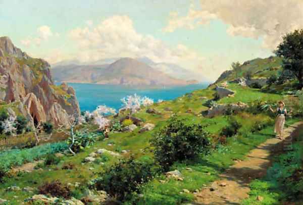 Farmgirls walking on the cliff tops, Capri Oil Painting by Augusto Lovatti