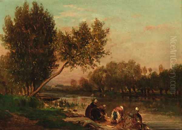 Washerwomen on the banks of a river Oil Painting by Emile Charles Lambinet