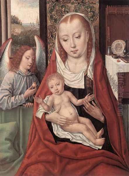 Virgin and Child with an Angel 1480-1500 Oil Painting by Master of the Legend of St. Ursula