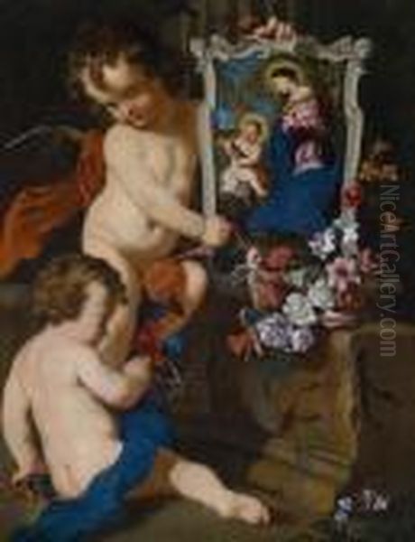 Due Putti Con Quadro Della 
Madonna Con Gesu Bambino E Fiori Accanto A Un Frammento Di Muro Barocco Oil Painting by Carlo Dolci