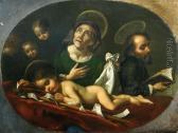 The Dream Of The Infant Saint 
John The Baptist With Saint Elizabethand Saint Zacharias Oil On Chestnut
 Panel 42 X 57cm Provenance:private Collection Oil Painting by Carlo Dolci