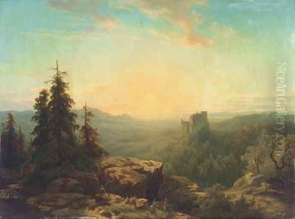 A panoramic view of a valley with a ruin at sunset Oil Painting by Cornelis Lieste