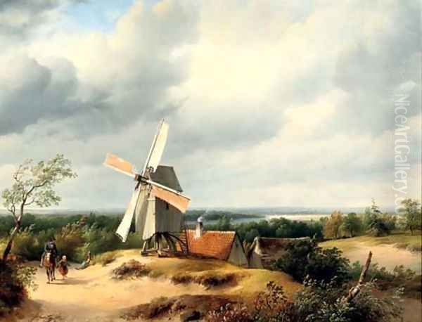 Travellers passing a mill in an extensive river landscape Oil Painting by Cornelis Lieste