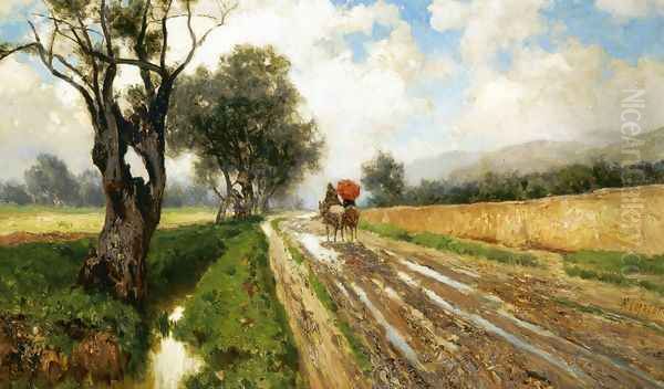 Country Road with Figure Oil Painting by Francesco Lojacono