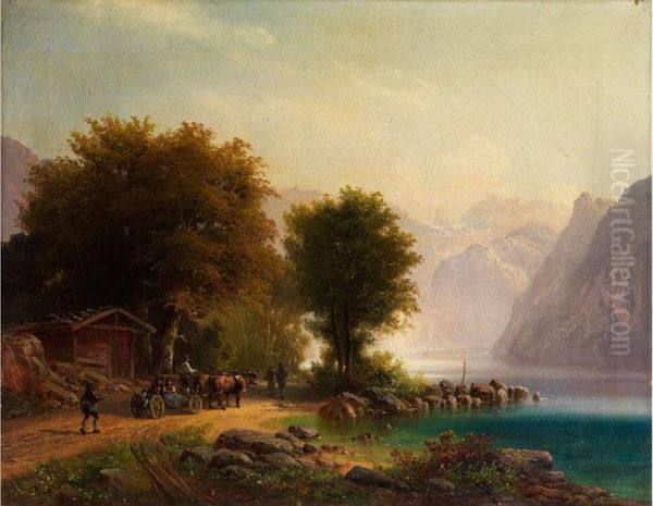 Alpenlandschaft Mit Bergsee Und Figurenstaffage Oil Painting by Anton Doll