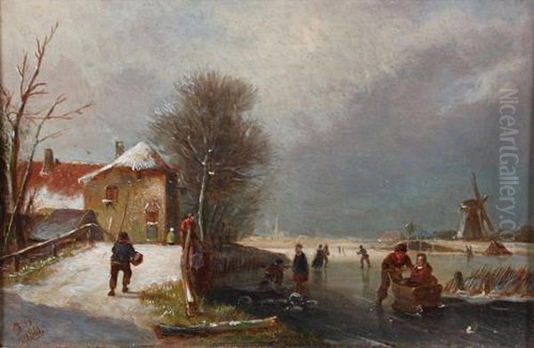 Busy Winter Scene Oil Painting by Anton Doll